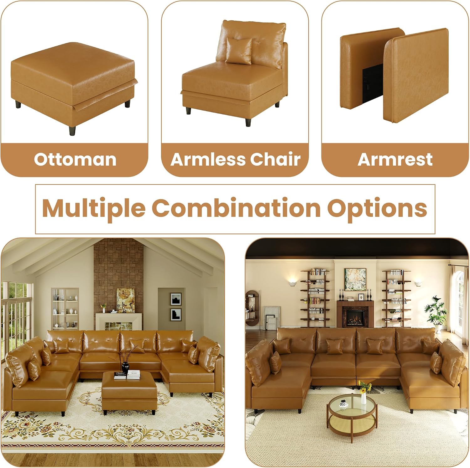 LLappuil 5-Seater L-Shaped Sectional Modular Sofa with Storage, Deep Seat Faux Leather Couches for Living Room, Waterproof & Scratch Resistant, Cognac Tan