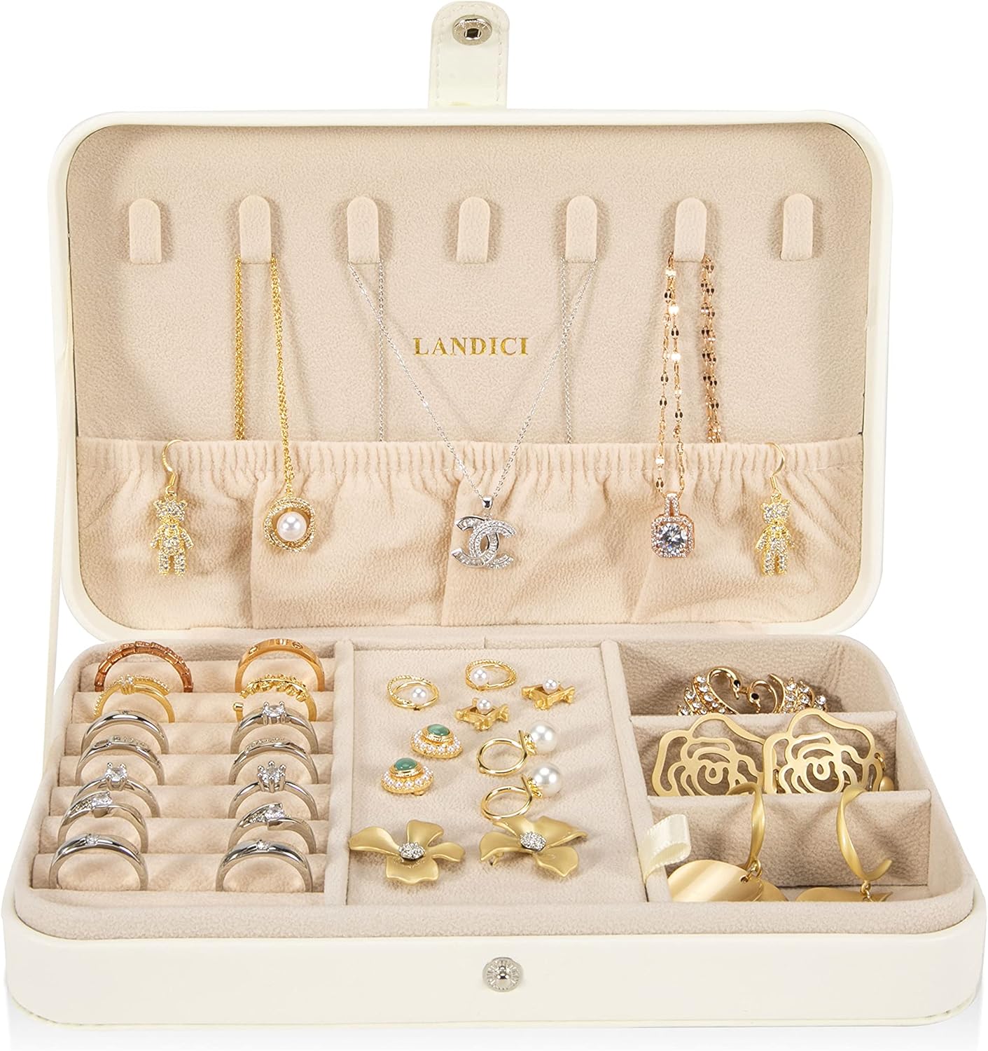 LANDICI Small Jewelry Box for Women Girls, PU Leather Travel Jewelry Case, Portable Jewelry Organizer Storage Holder Display for Ring Earrings Necklace Bracelet Bangle Men Kids Gift, White