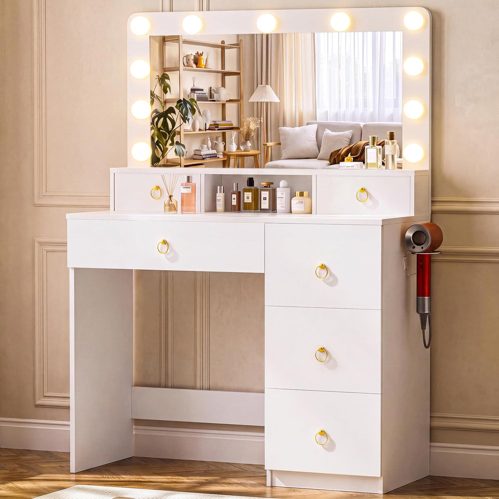 COMHOMA Makeup Vanity Desk with Mirror and Lights, Vanity Table with Divided ...