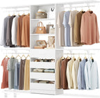 Aheaplus Closet System with Drawers, Wood Closet Organizer System with 4 Hanging Rods & Top Shelves, Walk-in Closets Organizer Wardrobe Clothes Rack System, Cut Fits Spaces 4-9FT. Wide, White
