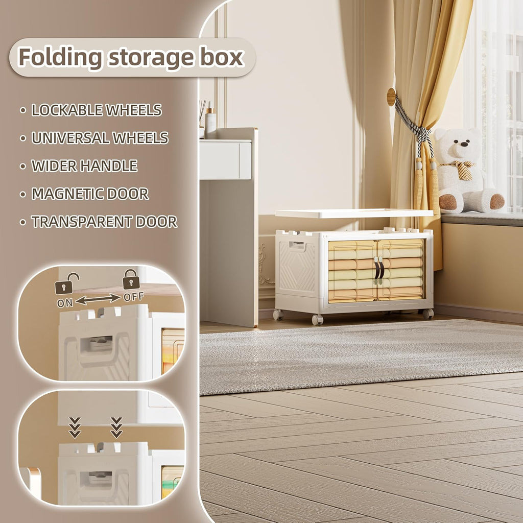 68 QT / 17 Gal Extra Wide Foldable Plastic Cabinet with Double Magnetic Doors & Leather Handles - Stackable, 4 Locking Wheels, Space Saving Storage for Small Spaces