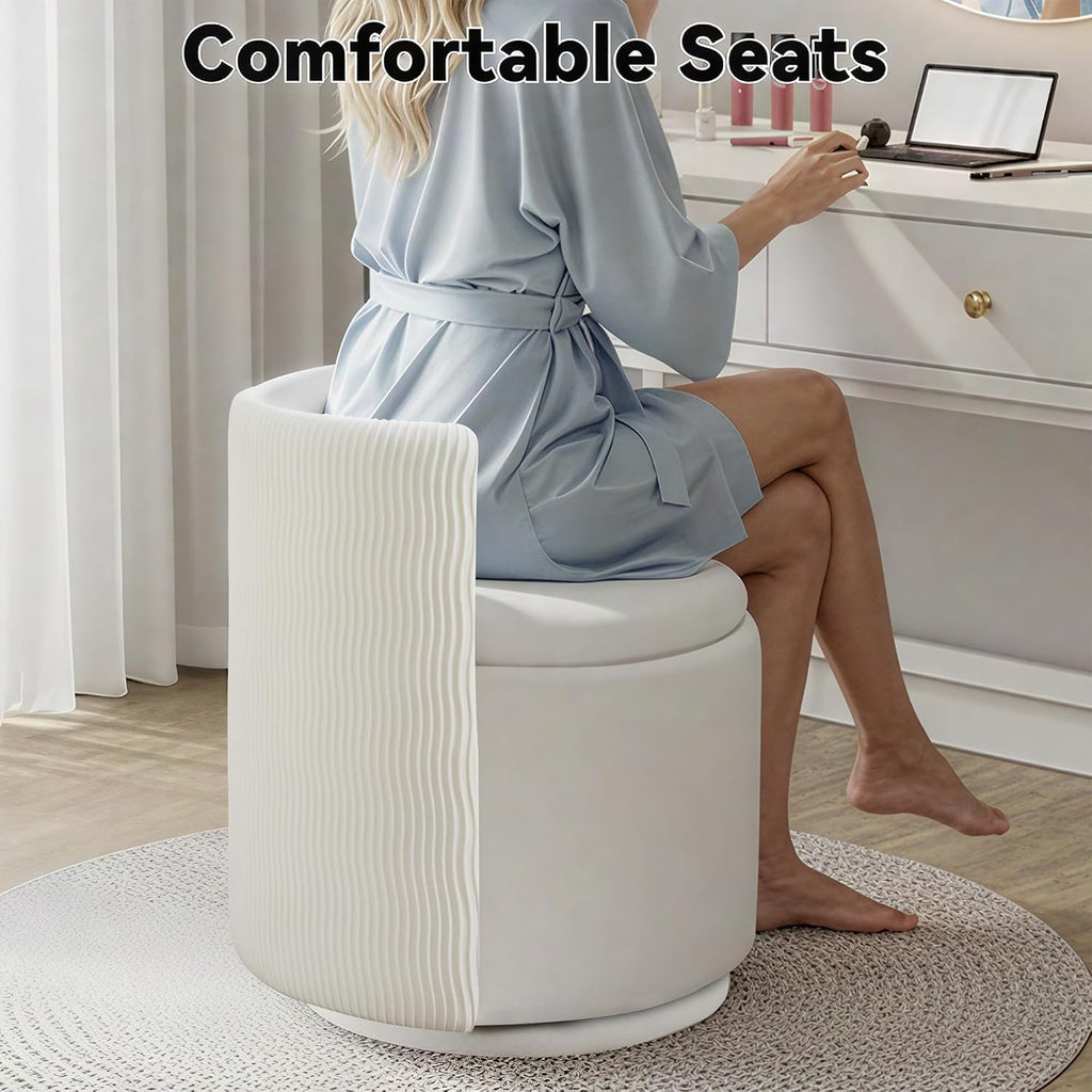 360° Swivel Velvet Vanity Chair with Storage, Barrel Makeup Chair with Wave Back, No Assembly Vanity Stool Small Accent Chairs for Living Room, White