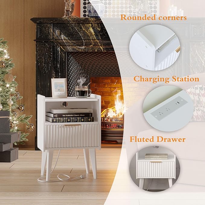 Fluted Nightstand with Charging Station, Modern Bedside Table with Drawer,Whi...