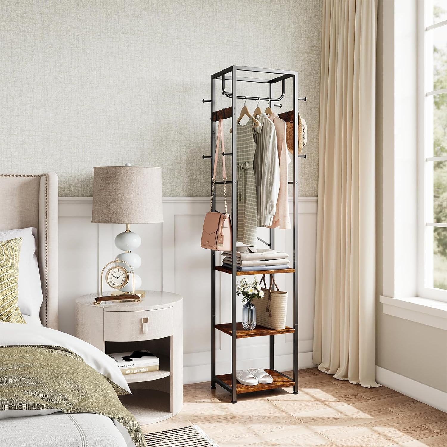 ELYKEN Coat Rack Freestanding, Hall Tree with 3 Storage Shelves and 12 Hooks, Industrial Clothes Rack Stand Organizer for Bedroom, Hallway, Entryway, Office, Living Room, Rustic Brown