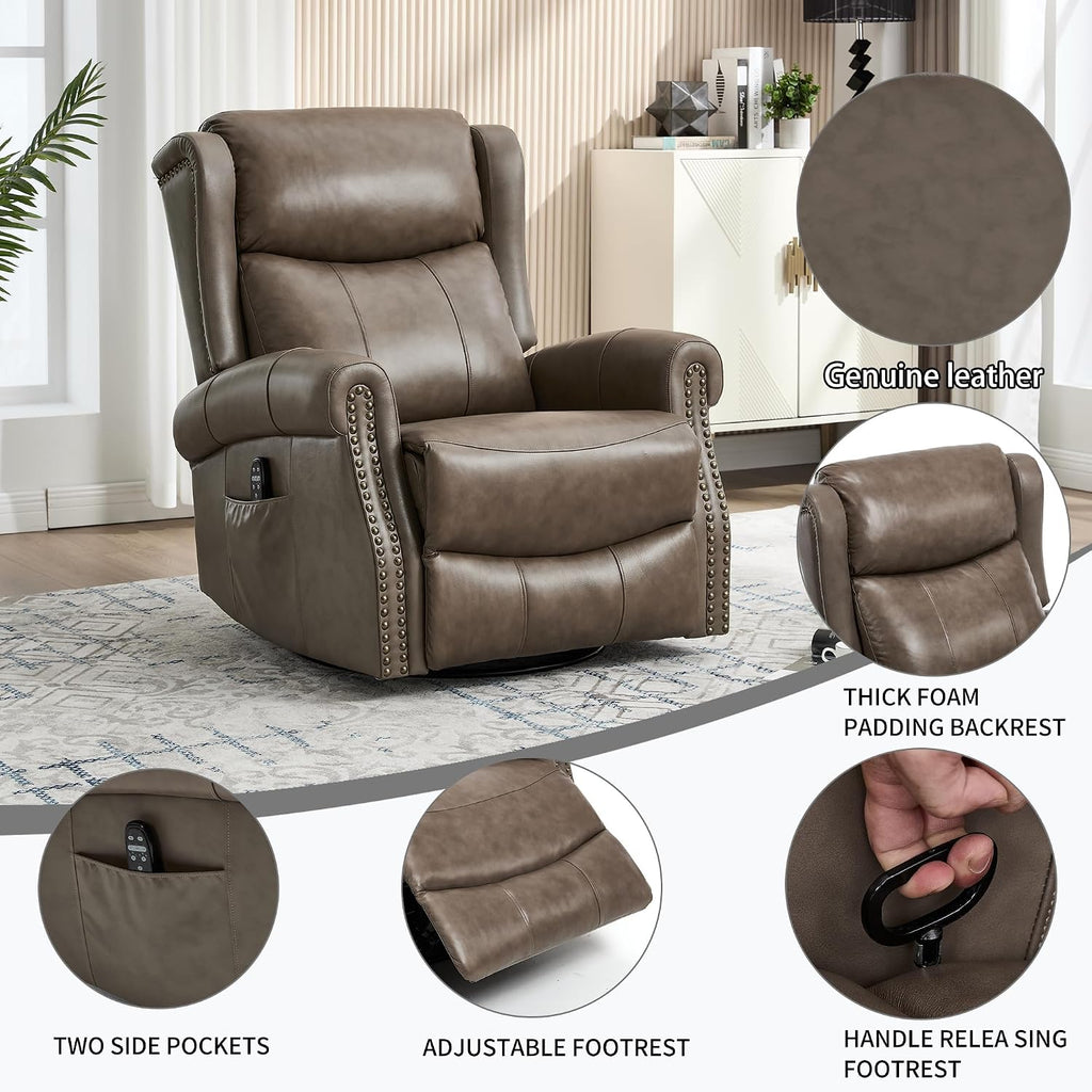 PELUMY Genuine Leather Swivel Rocking Recliner Chair for Adults, 360° Swivel Glider Rocker with Heat & Vibrating Massage, Lounge Chair for Living Room, Bedroom, Nursery Grey