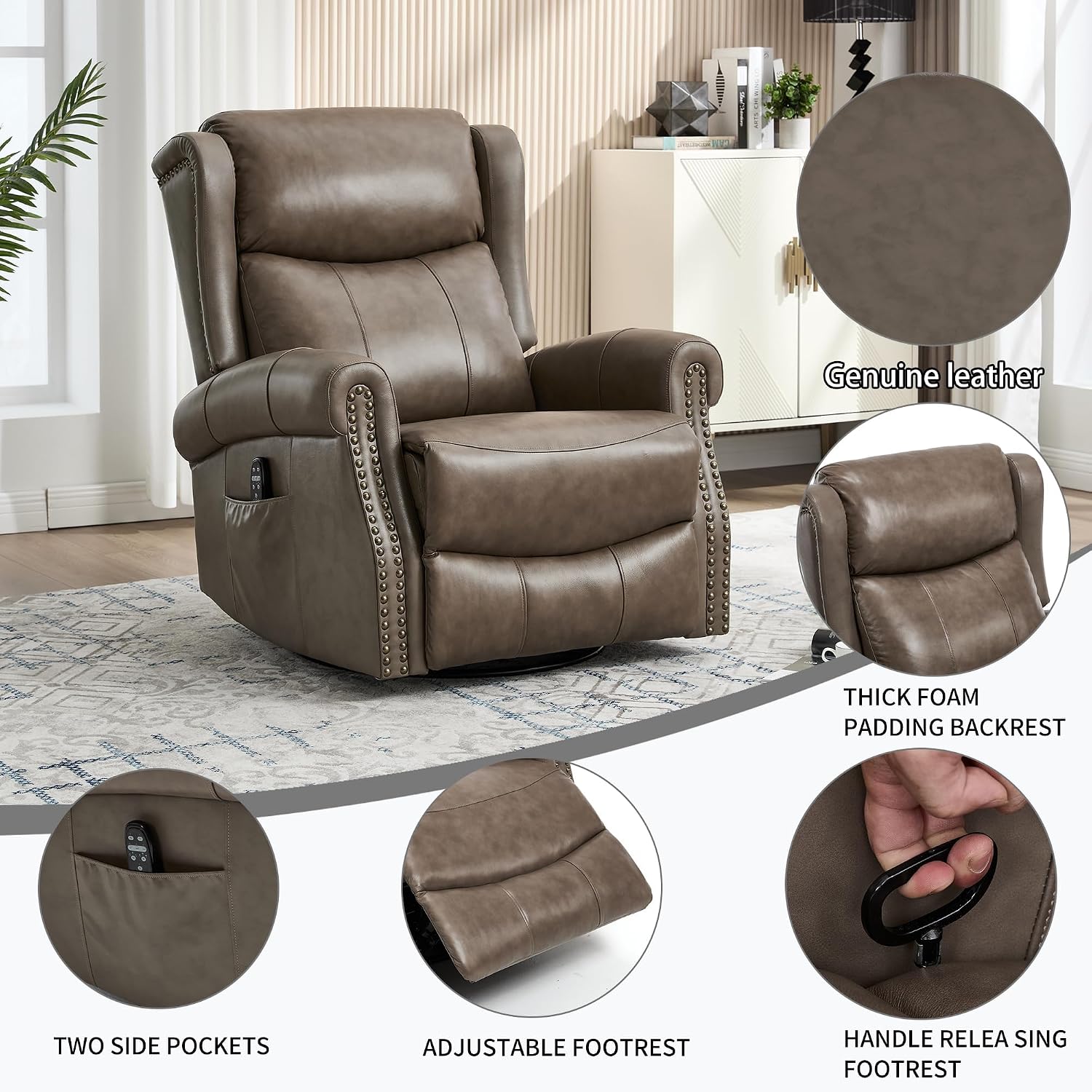 PELUMY Genuine Leather Swivel Rocking Recliner Chair for Adults, 360° Swivel Glider Rocker with Heat & Vibrating Massage, Lounge Chair for Living Room, Bedroom, Nursery Grey