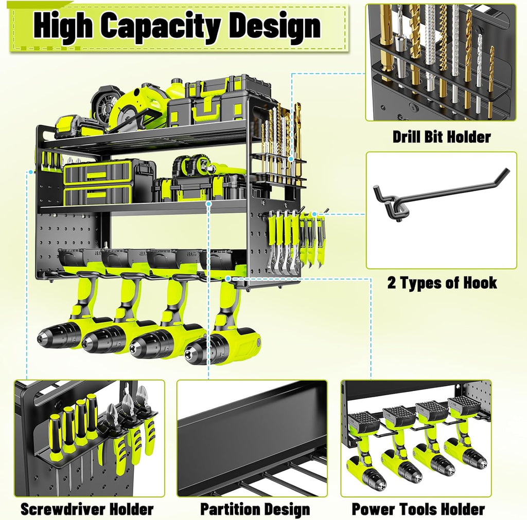 Power Tool Organizer Wall Mount, Drill Holder tool storage with Hooks & Screwdriver Organizer, Heavy Duty Iron 3 Layers Garage Storage Shelf for Workshop Shed Pegboard Basement(Black)