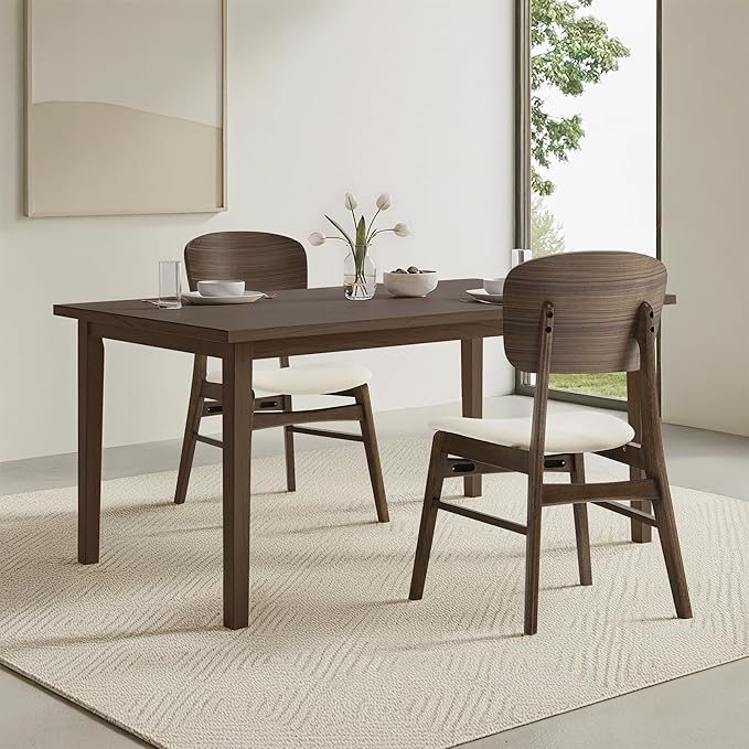 Wooden Dining Chairs Set of 6, Upholstered Modern Dining Room Chairs, Mid Century Oak Kitchen Chairs with Ergonomic Wood Backrest for Farmhouse, Restaurant, Café (Cream Fabric & Walnut Color)