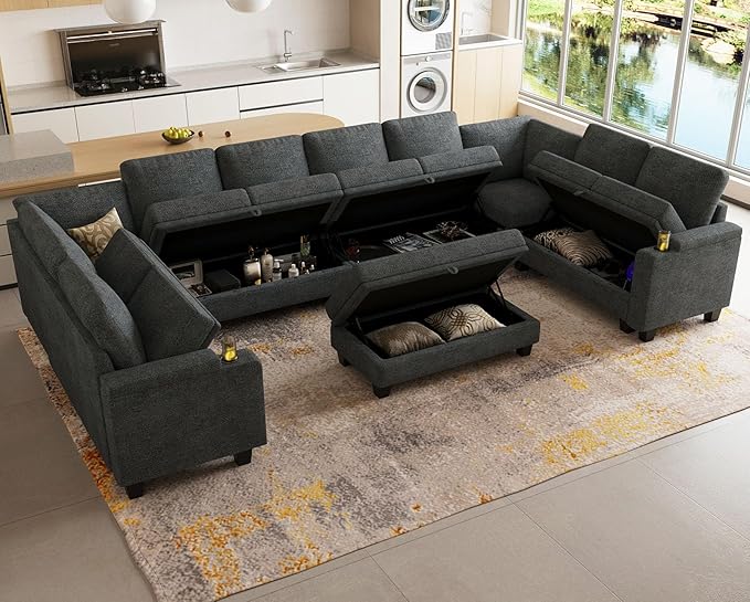 Belffin Oversized U Shaped Modular Sectional Couches for Living Room 10 Seater Modular Sofa Set with Storage Ottoman Large Sectional Couch with Cup Holder. Dark Grey Sofa