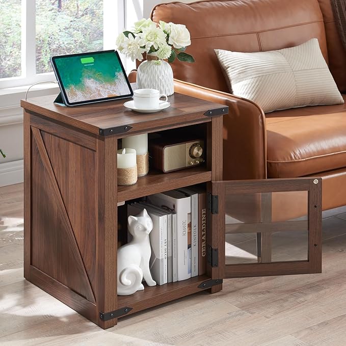 Farmhouse Nightstand with Charging Station, Rustic End Table with Tempered Gl...