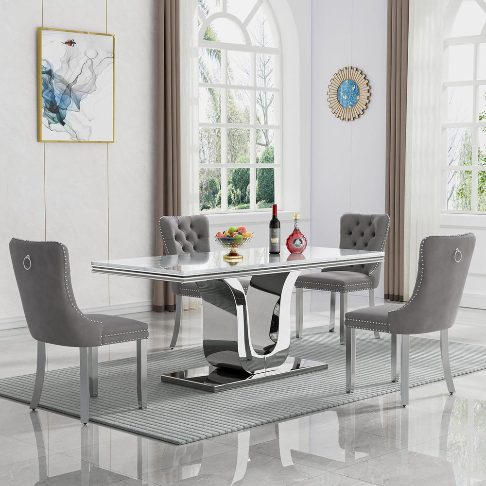 Modern White Dining Table for 6, U-Shape Stainless Steel Base, Marble Dining ...