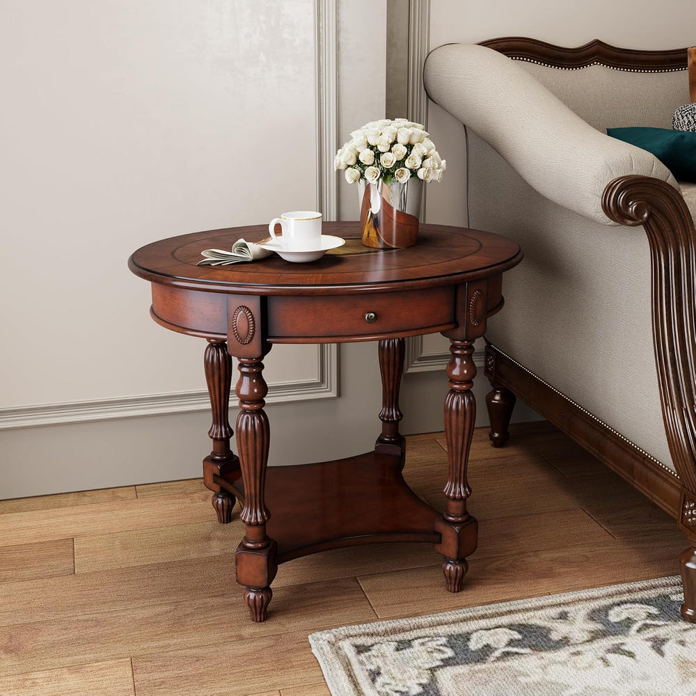 Solid Wood Oval End Table with Drawer, 28"x24" Sofa Side Table with...