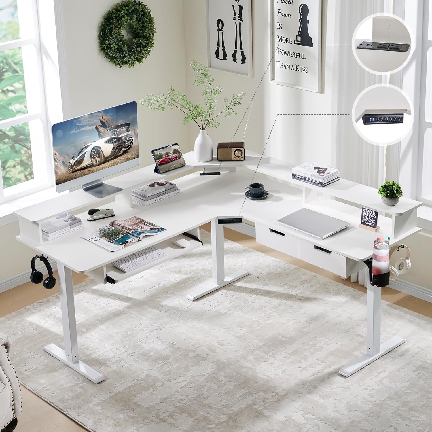 RedLemon 60 Inches L Shaped Electric Standing Desk, Height Adjustable Corner Gaming Desk with Drawers, Keyboard Tray, Power Outlets & LED Lights, Computer Desk with Monitor Shelf, Antique White