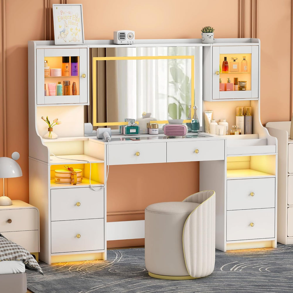 62" Large White Vanity Desk with Glass Top, Makeup Vanity with Mirror an...
