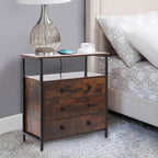 3 Wooden Drawers Nightstand, 27 Inch Wide Night Stand Set 2 with Charging Station and Adjustable Drawers, Bedside Table for Living Room/Bedroom/Office, Retro Brown.
