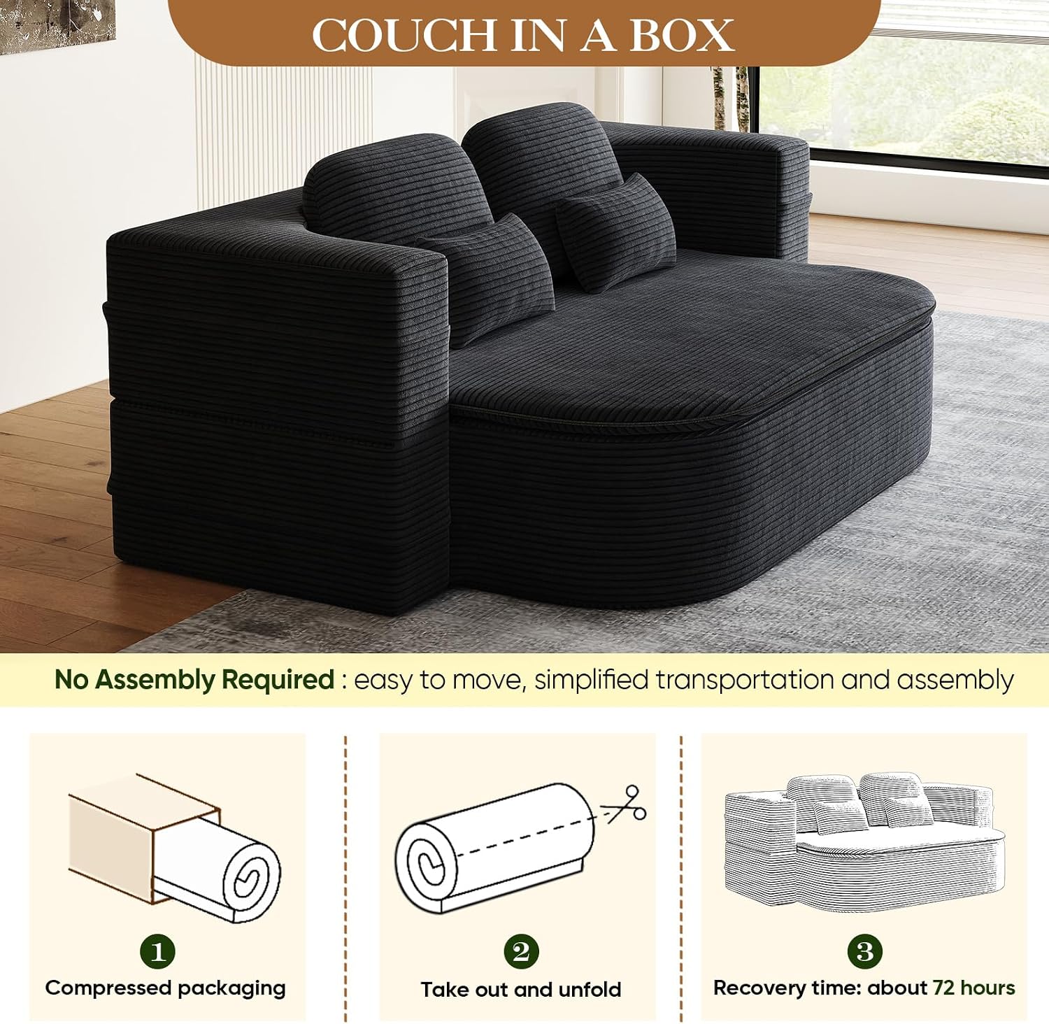 Antetek Convertible Sleeper Sofa, Modern Folding Futon Corduroy Floor Foam Compression Loveseat Sofa Bed Couch, Foldable Full Size Guest Bed with 4 Pillows for Living Room Bedroom Apartment, Black