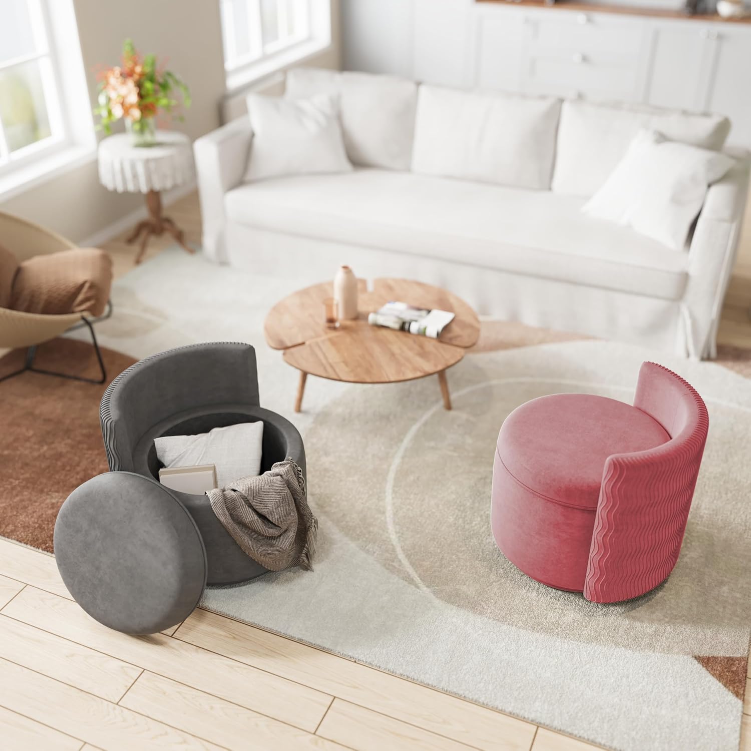 allamazing 360° Swivel Accent Chair with Storage, Vanity Stool with Back, Velvet Storage Ottoman, Upholstered Round Barrel Vanity Chair for Living Room, Makeup Room, Bedroom (Dusty Rose)
