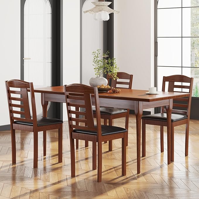 GOFLAME Wooden Dining Chairs Set of 2, Upholstered Kitchen Side Chairs with Faux Leather Padded Seat & Rubber Wood Frame, Mid-Century Dinette Chairs for Dining Room, Restaurant