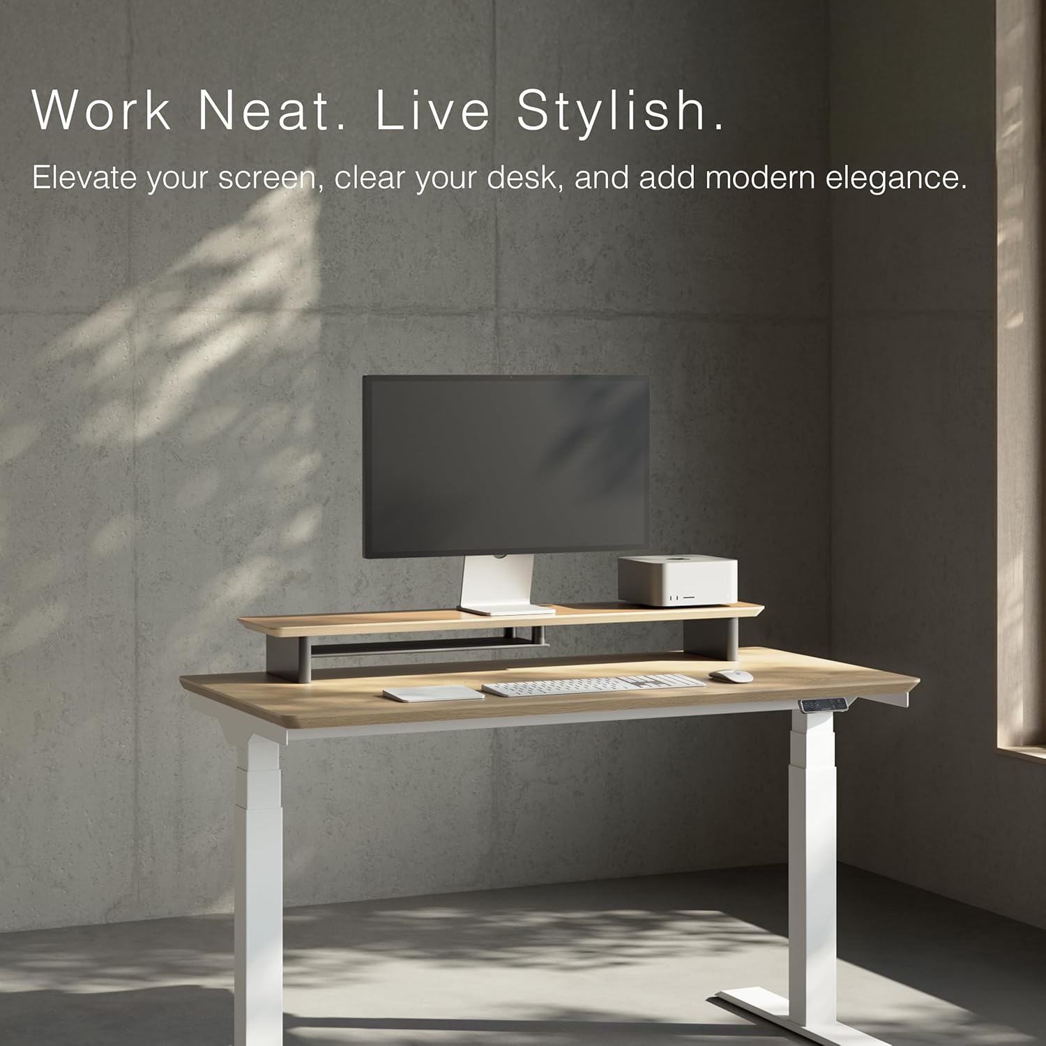 White Oak Dual‑Tier Ergonomic Desk Setup – Modern Wooden Monitor Stand & Workspace Riser, Home Office & Minimalist Aesthetic (White Oak, Large)