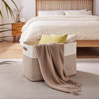 OIAHOMY 108L Extra Large Blanket Basket, 25”x16”x16” Laundry Basket, Blanket Storage for Living Room, Dog Toy Storage with Handle - Brown & White