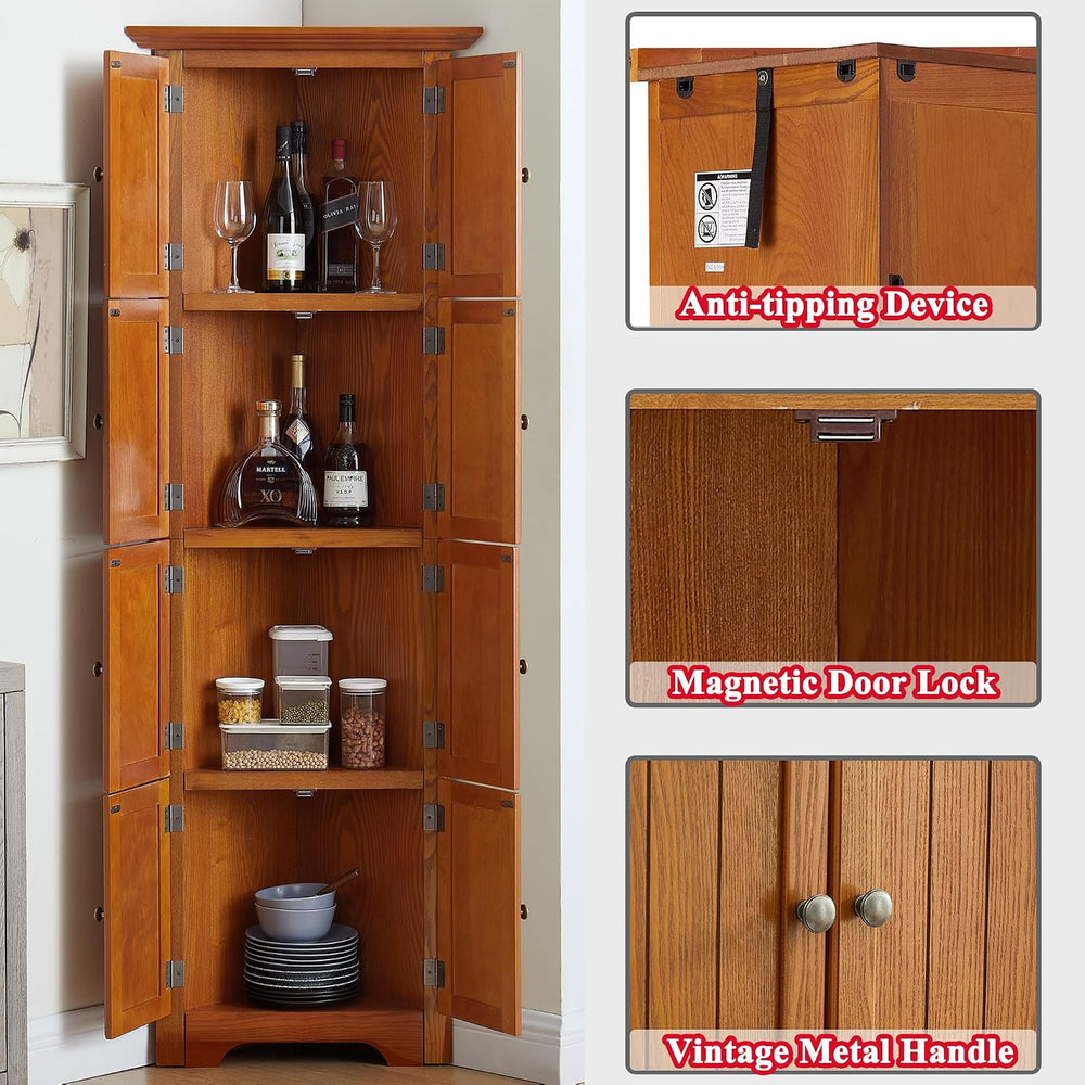 72" H Farmhouse Corner Storage Cabinet with 4 Shelves & 8 Doors, 4 T...