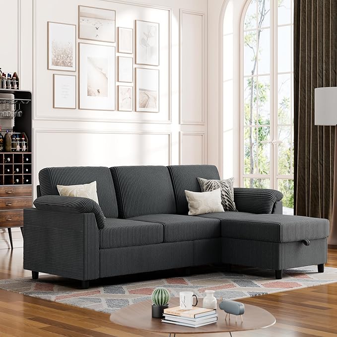 Vongrasig Convertible Sectional Sofa Couch, 3 Seat L Shaped Sofa with Removable Pillows Soft Corduroy Fabric Small Couch Mid Century for Living Room, Apartment and Office (Gray)