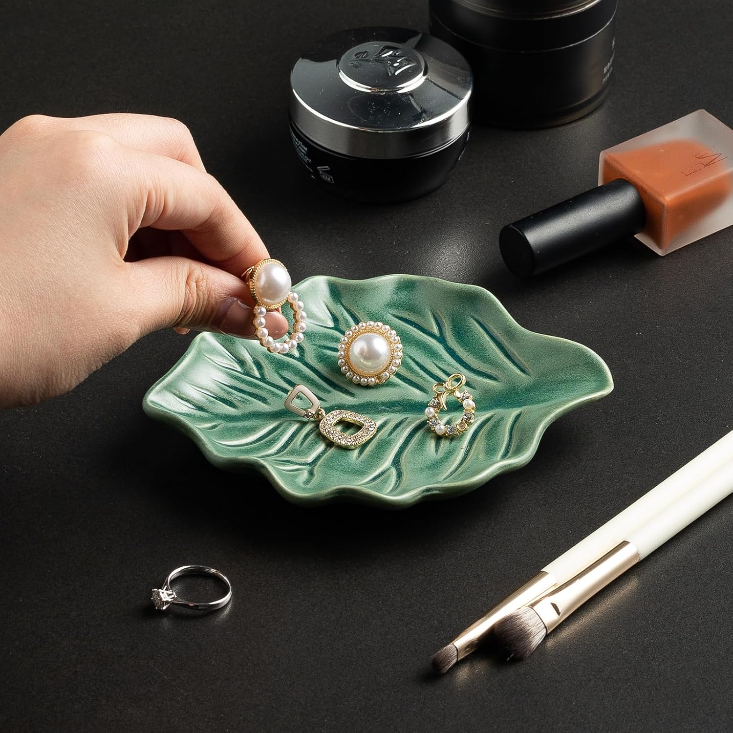 Reactive Glaze Leaf Ring Dish, Trinket Tray with Gift Box | Natural glaze variations make each piece unique, while the petite dish keeps rings, earrings, keys, and keepsakes visible