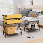 Luggage Rack Set of 2, Foldable Suitcase Stand with Fabric Storage Shelf Easy Assemble Metal Luggage Holder with Straps for Guest Room Bedroom Hotel, Black