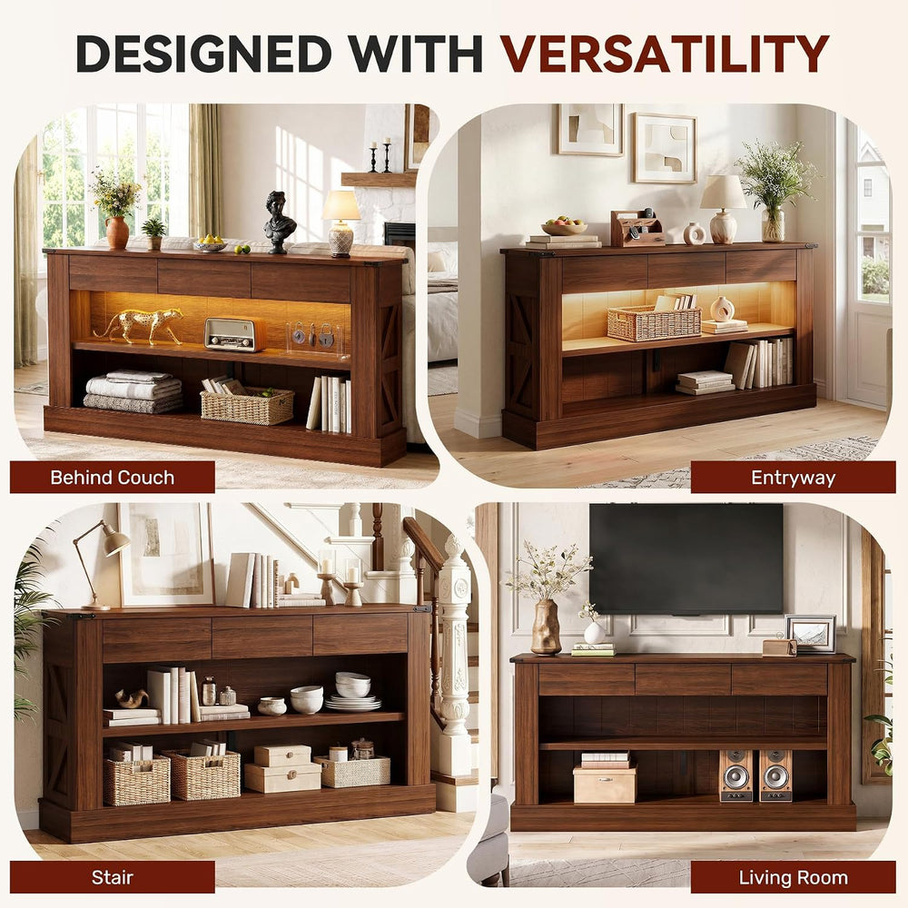 Miereirl 63" Console Table with Drawers & LED Light, Farmhouse, Waln...