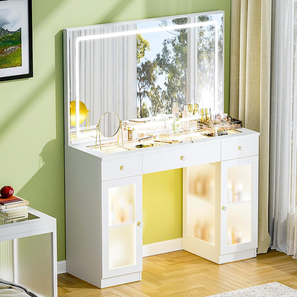 Glass Top Vanity Desk with Mirror and Lights, Crystal Knobs Makeup Vanity wit...