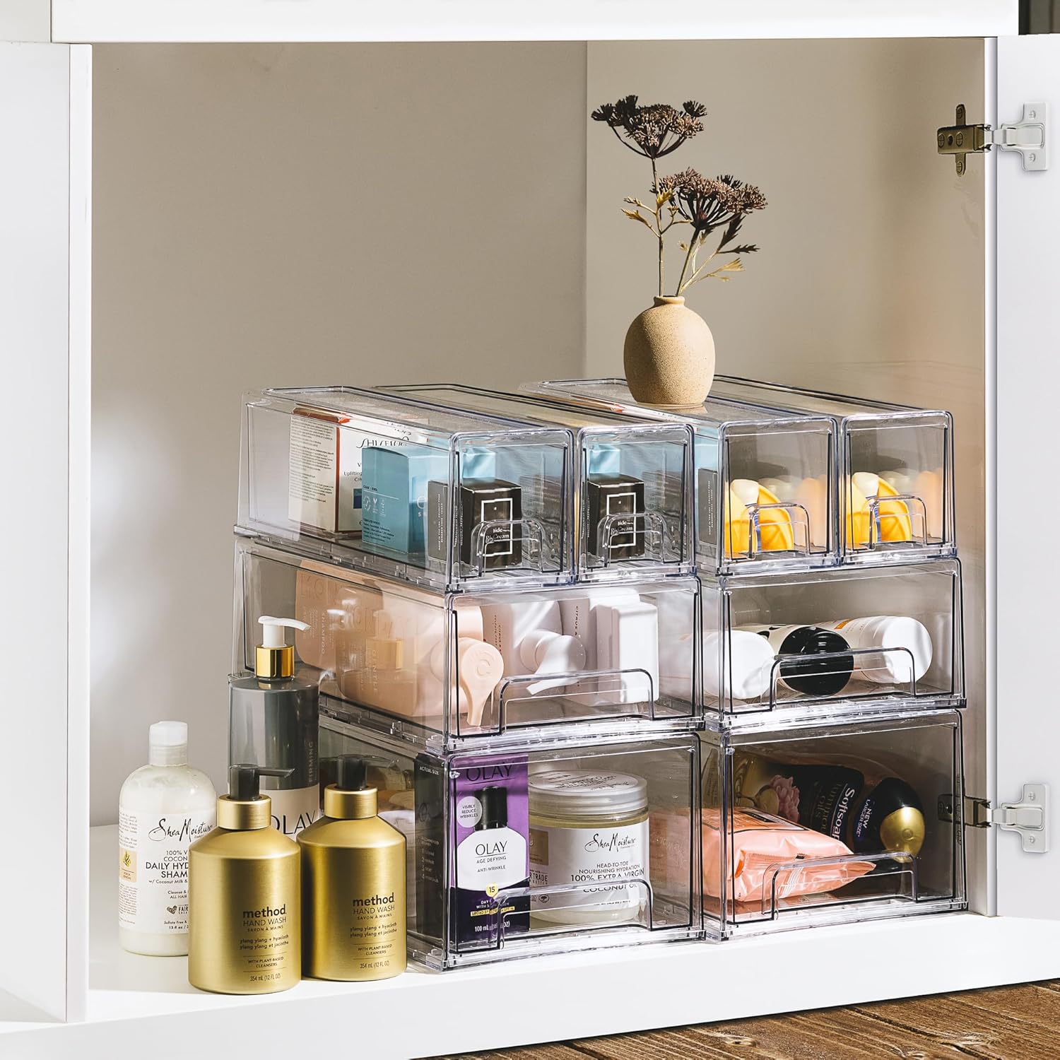 Sorbus 1 Large & 2 Small Clear Stackable Storage Drawers – Plastic Organizer Bins with Handles – Stackable Pull-Out Storage Drawers for Closet, Pantry, Office, Bathroom, Craft, and Toy Organization