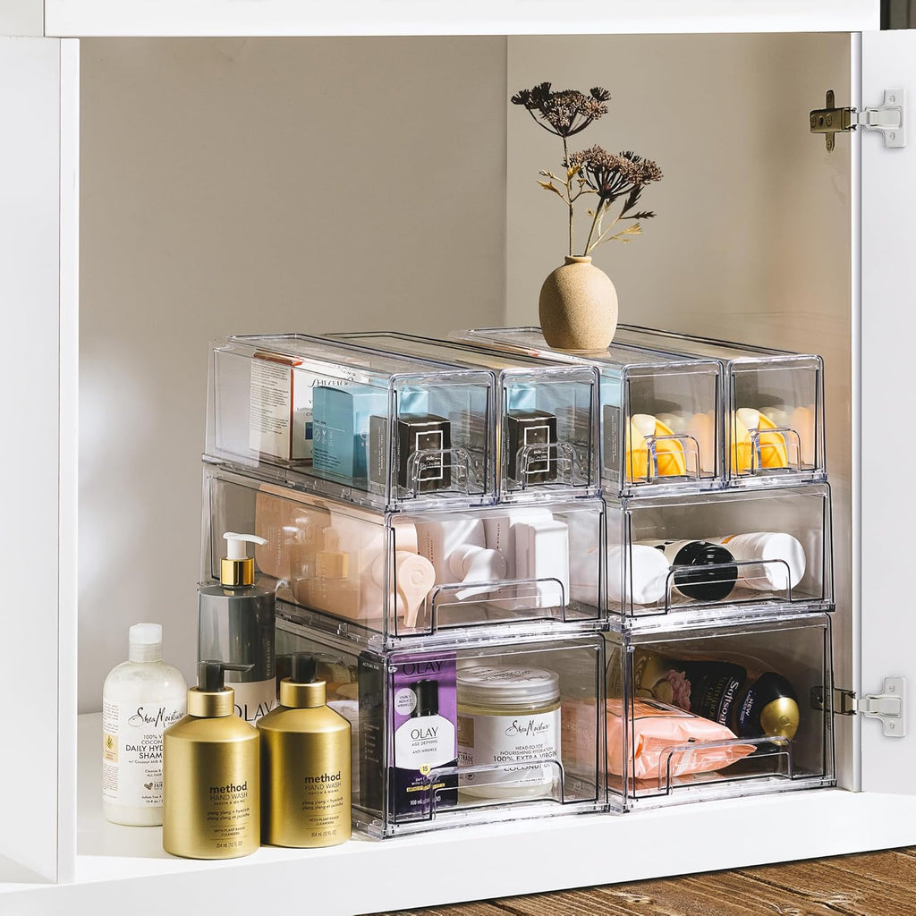 Sorbus Small Clear Stackable Storage Drawers – 6-Pack Plastic Organizer Bins with Handles – Stackable Pull-Out Storage Drawers for Closet, Pantry, Office, Bathroom, Craft, and Toy Organization