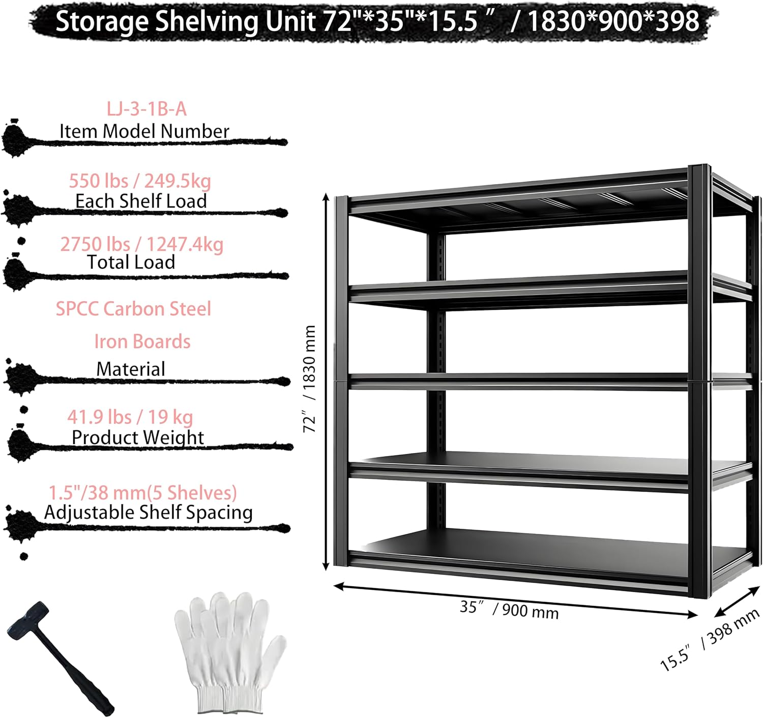 Industrial Storage Rack,Heavy-Duty Steel Shelving Unit,Multi-Purpose Garage Organization System Black 72" H x 35" W x 15.5" D 5-Tier