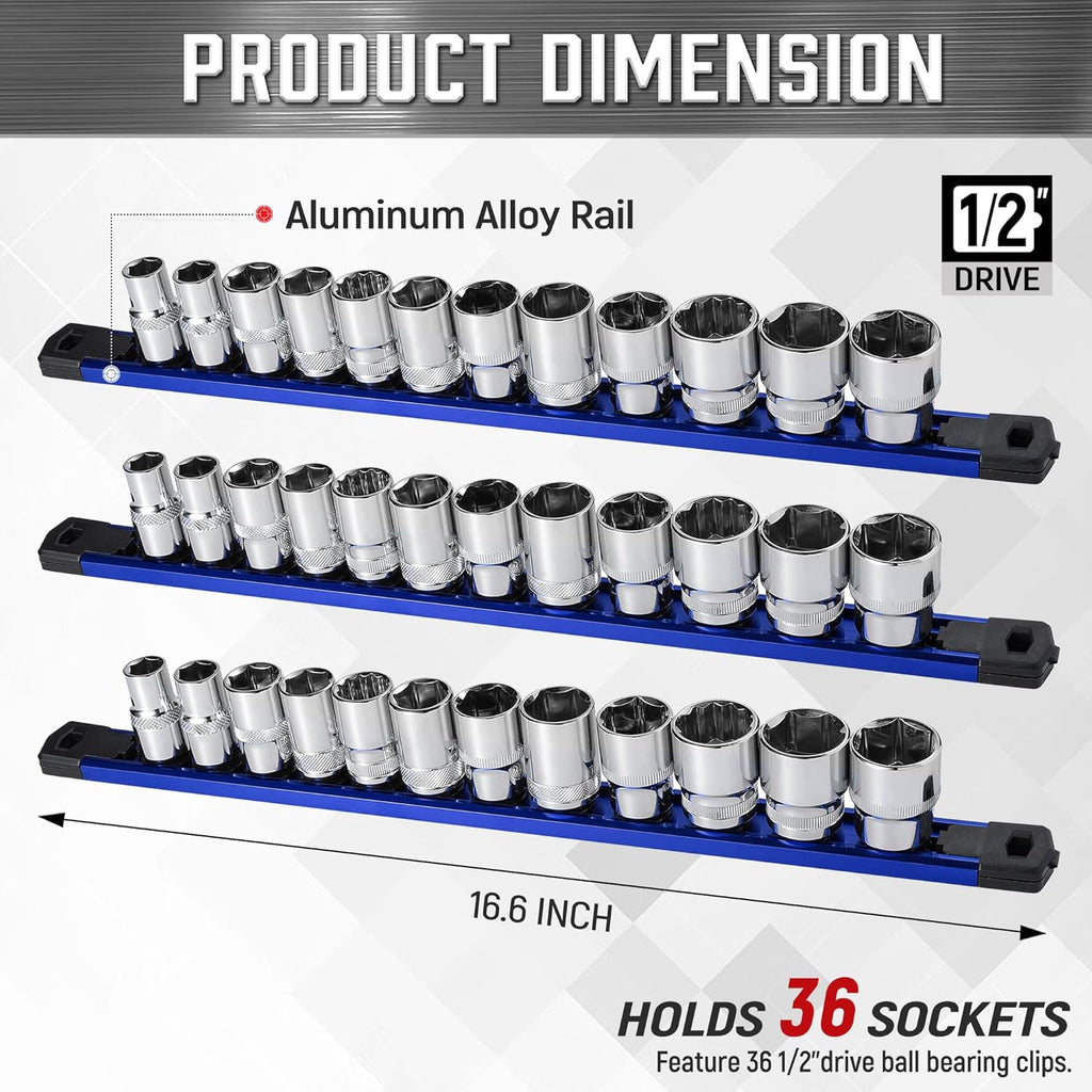 ALOANES 3-Piece Magnetic Socket Organizer, Heavy Duty Aluminum Socket Rails Organizer, 360° Swivel Clips Socket Holder Kit for Tool Box, 1/2-Inch Socket Holder x 36 Clips (Blue)