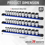 ALOANES 3-Piece Magnetic Socket Organizer, Heavy Duty Aluminum Socket Rails Organizer, 360° Swivel Clips Socket Holder Kit for Tool Box, 1/2-Inch Socket Holder x 36 Clips (Blue)