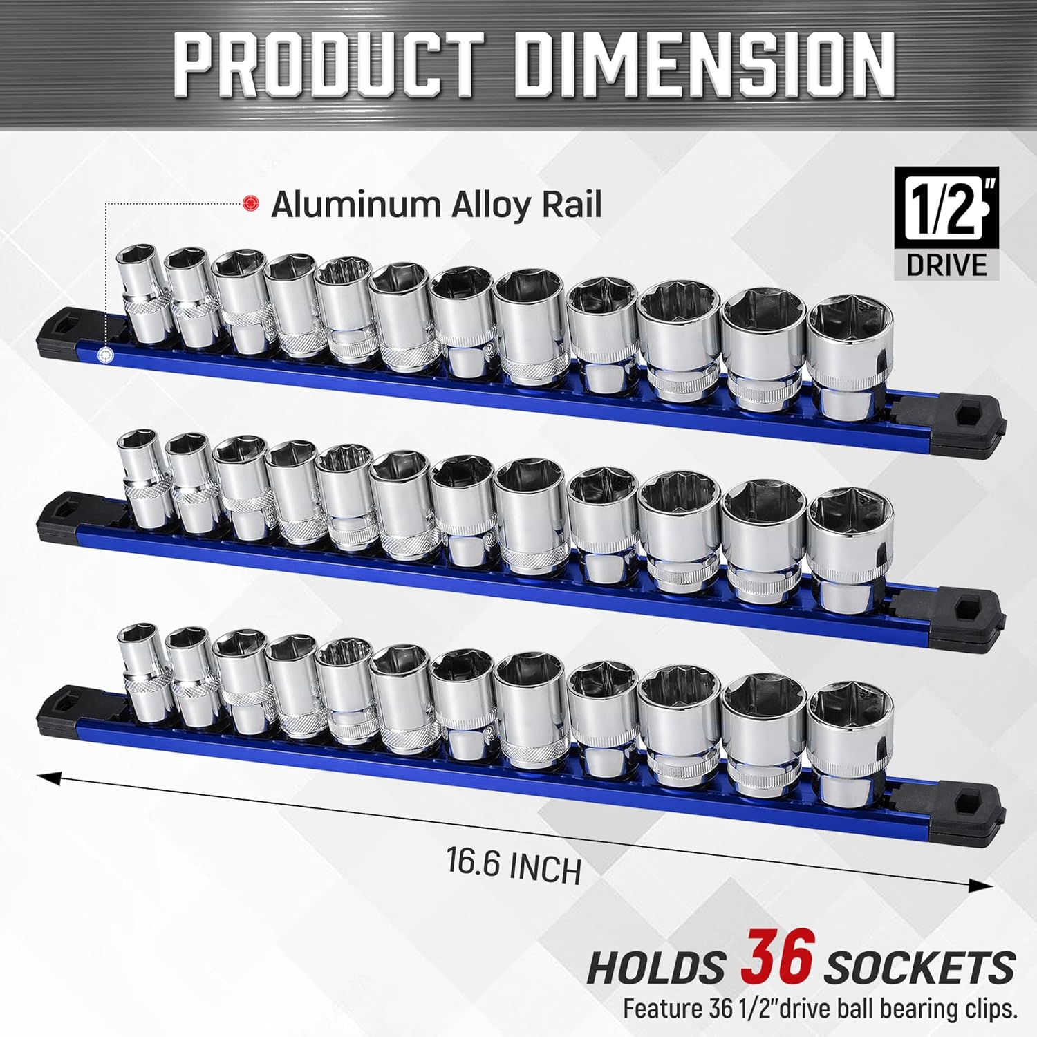 ALOANES 3-Piece Magnetic Socket Organizer, Heavy Duty Aluminum Socket Rails Organizer, 360° Swivel Clips Socket Holder Kit for Tool Box, 1/2-Inch Socket Holder x 36 Clips (Blue)