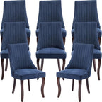 Navy Mid Century Dining Chairs Set of 8, Modern Kitchen & Dining Room Chairs Set of 8, Linen Upholstered Kitchen Chairs, Sillas de Comedor, Wood Legs (Blue, 8 Pcs)