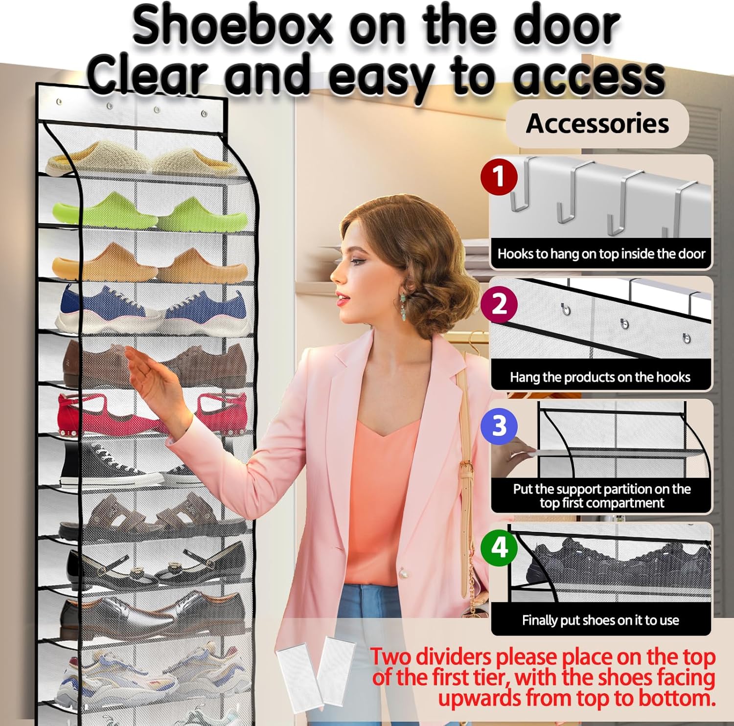 Over The Door Shoe Organizer with 12 Large Breathable Pockets - Durable Hanging Storage for the Entire Family's Shoes - White