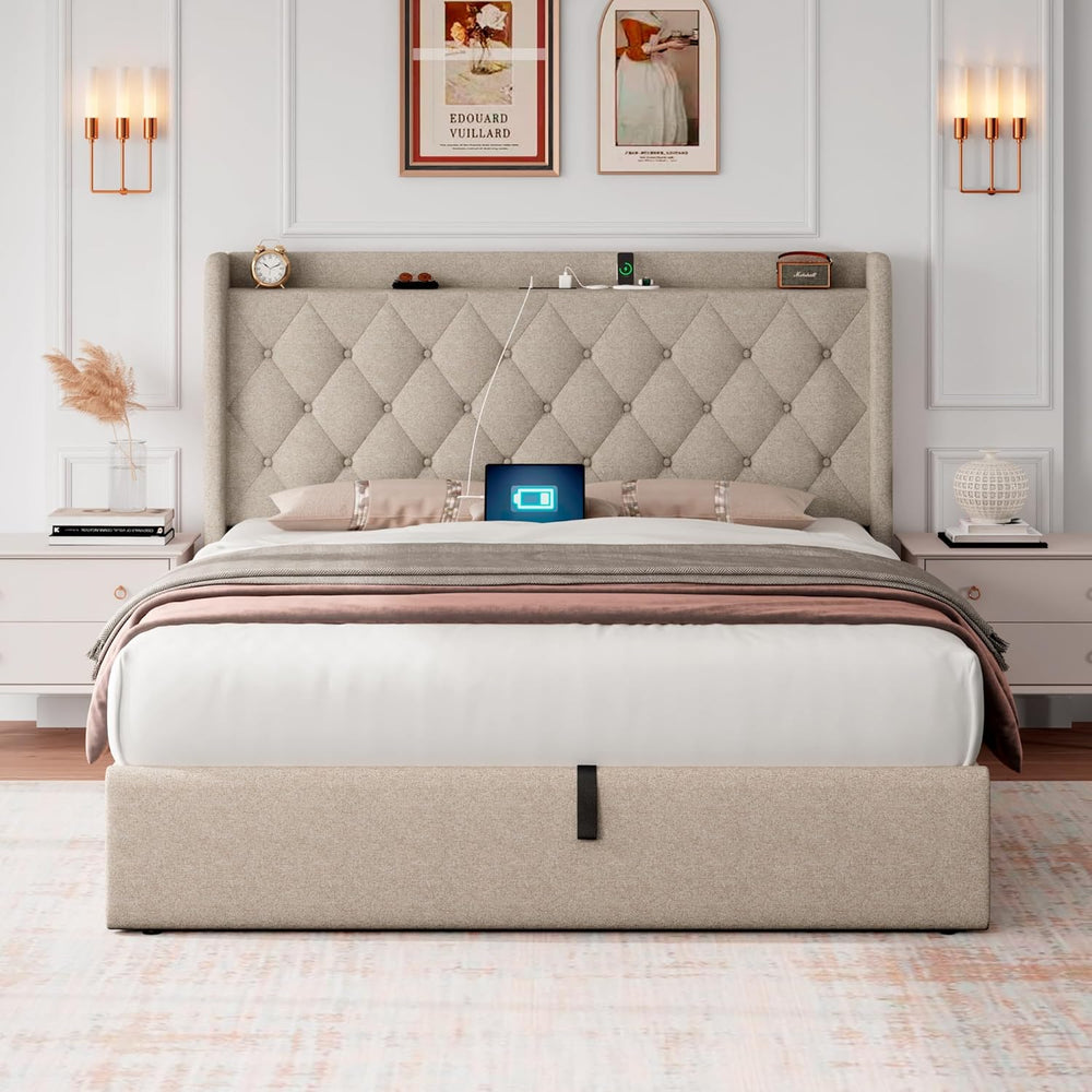 iPormis Queen Size Lift Up Storage Bed Frame with Charging Station, Upholster...