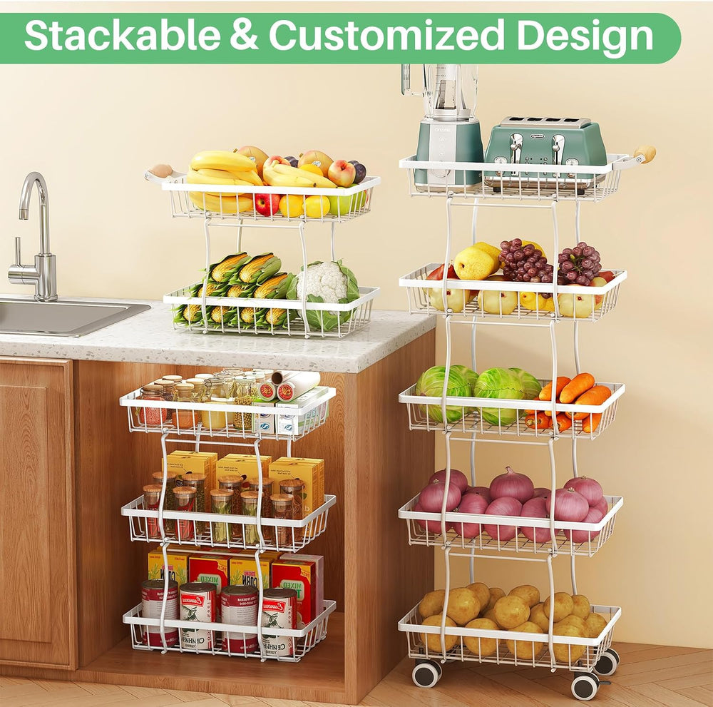 SAYZH 5-Tier Fruit Basket Stand with Vegetable Baskets for Kitchen, White | S...