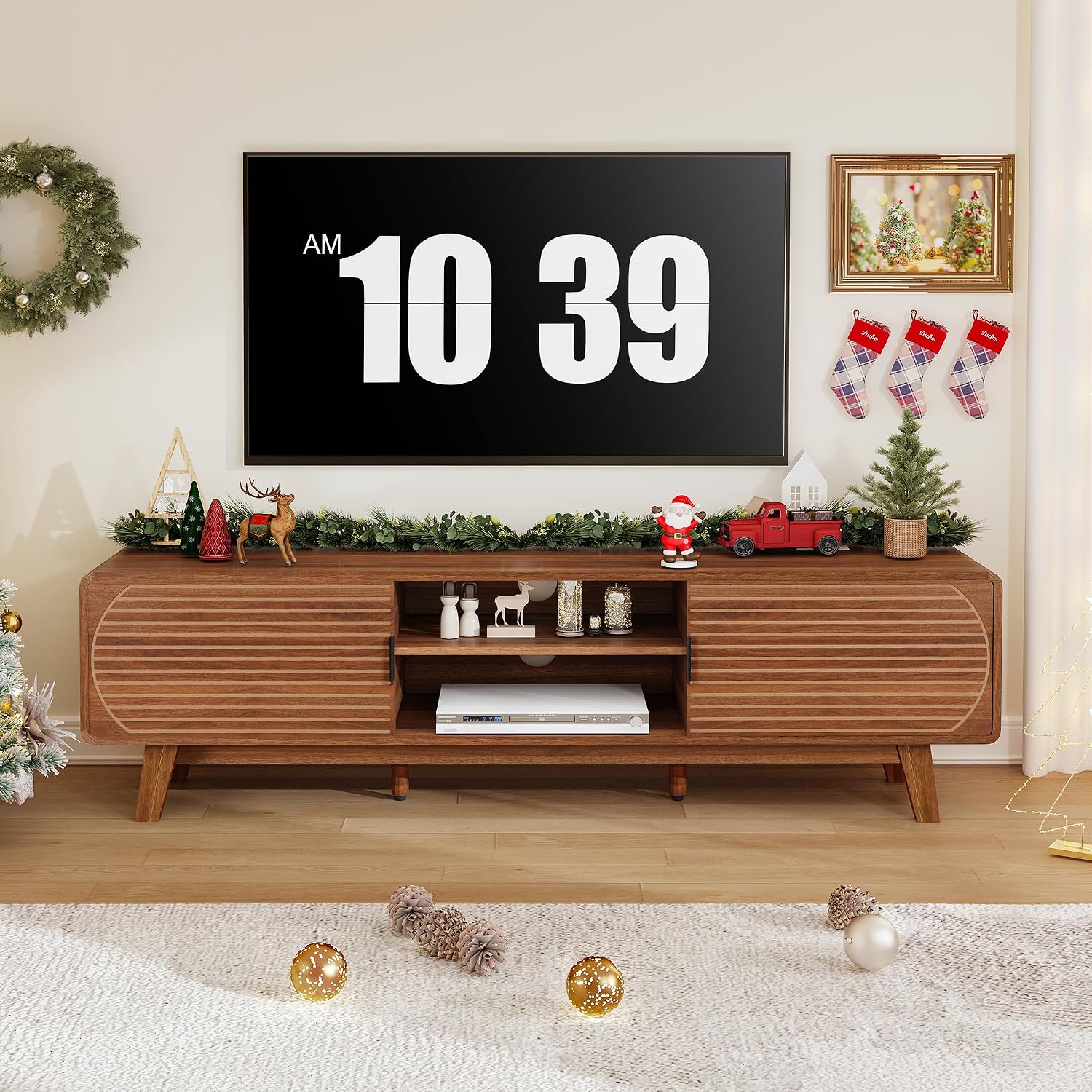 Turtle&Myrtle Mid Century Modern TV Stand with Sliding Doors, TV Consoles, Media Consoles for TV up to 70 Inch, Entertainment Center with Storagefor Living Room, 63 Inch (Walnut)