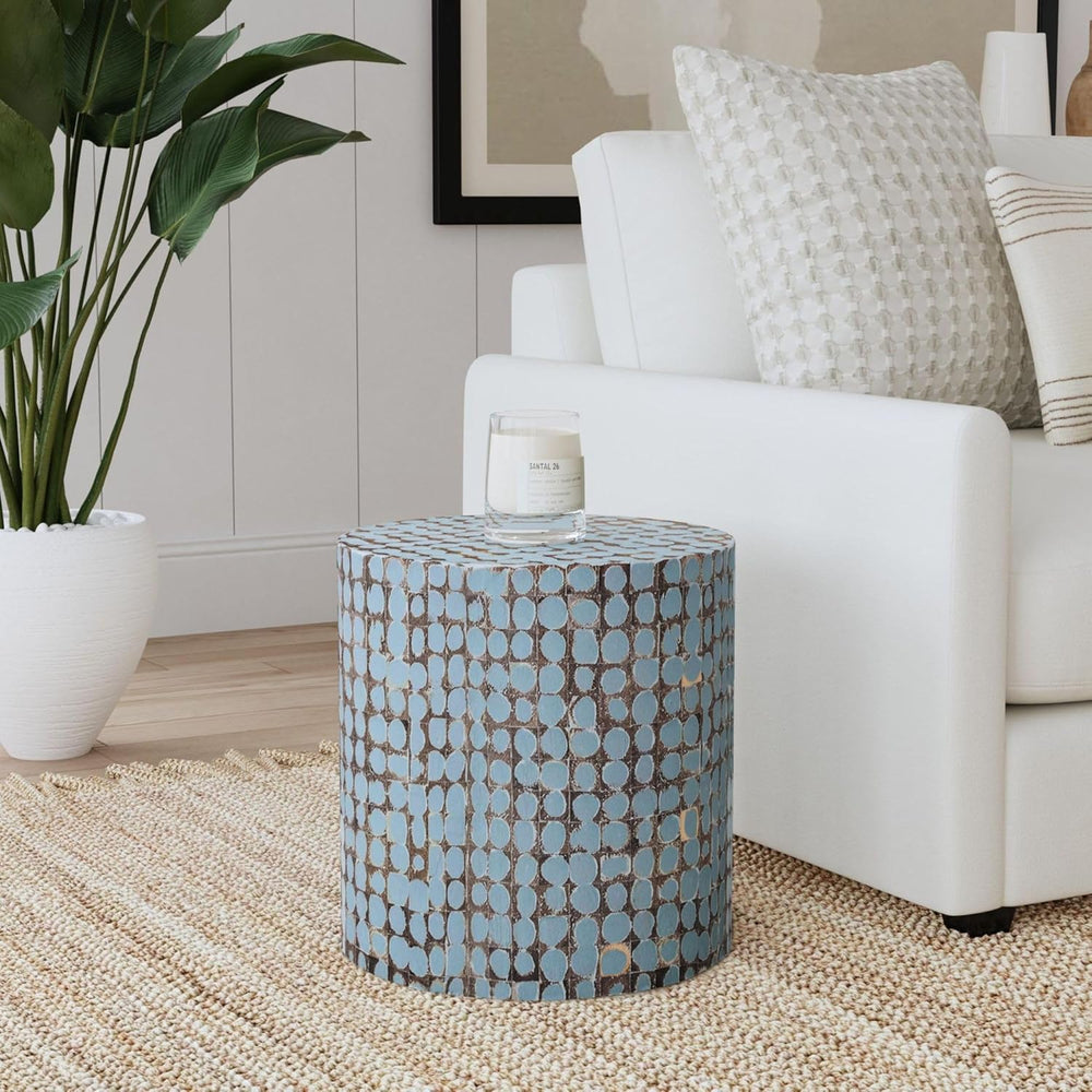 East at Main Boho Side Table Nightstand, Blue Coconut Shell End Table, Handcr...