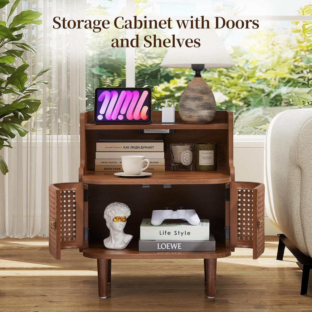 Metal Rattan End Table with Charging Station, Mid Century Modern Nightstand w...