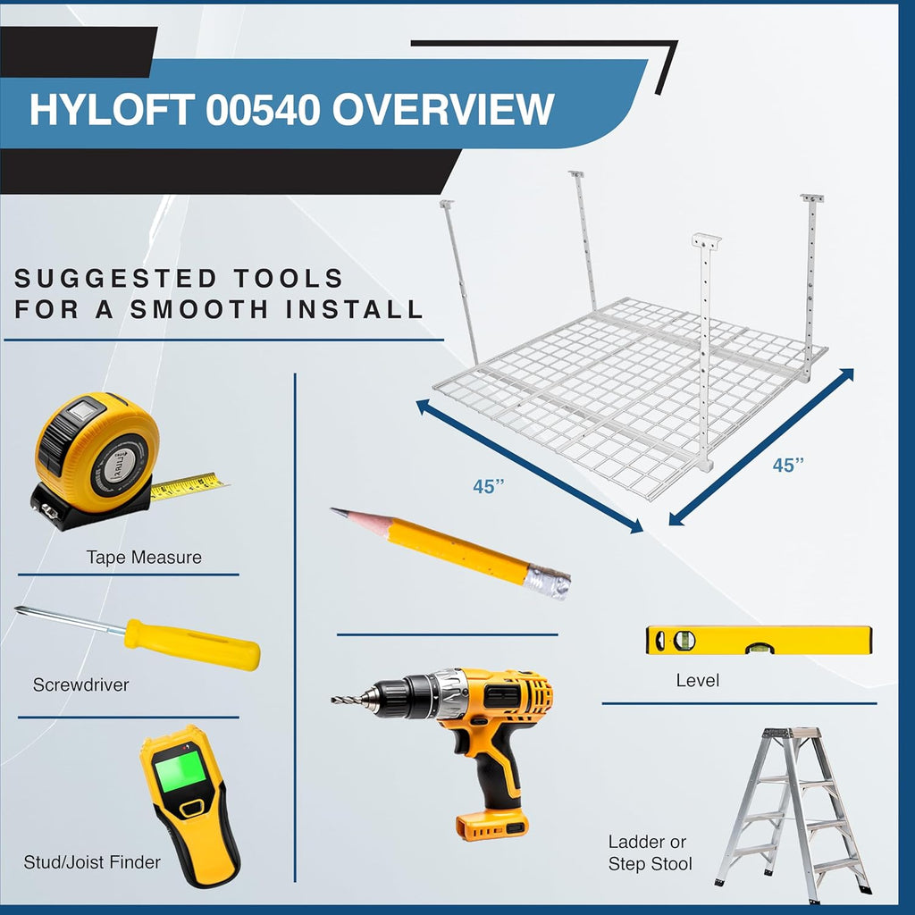 HyLoft Overhead adjustable Garage Storage Rack,Heavy Duty Steel Garage Storage System, 45-Inch x 45-Inch, White