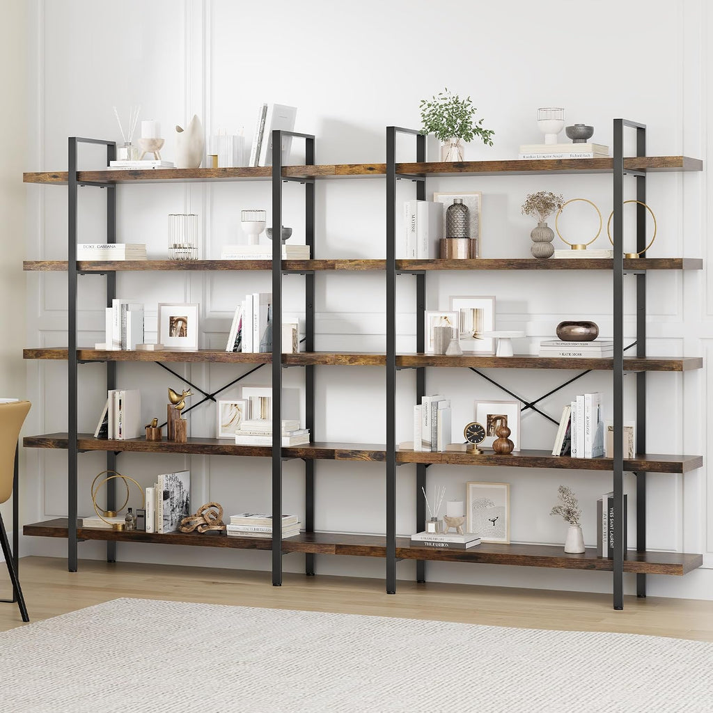 2PCS Heavy Duty 5 Tier Industrial Bookcase for Home Office, Rustic Brown | 47" Wide Wood Bookshelf,120 lbs Shelf Capacity, Rustic Open Shelving Display,3CM Upgraded Thicken Board,Easy to Assemble