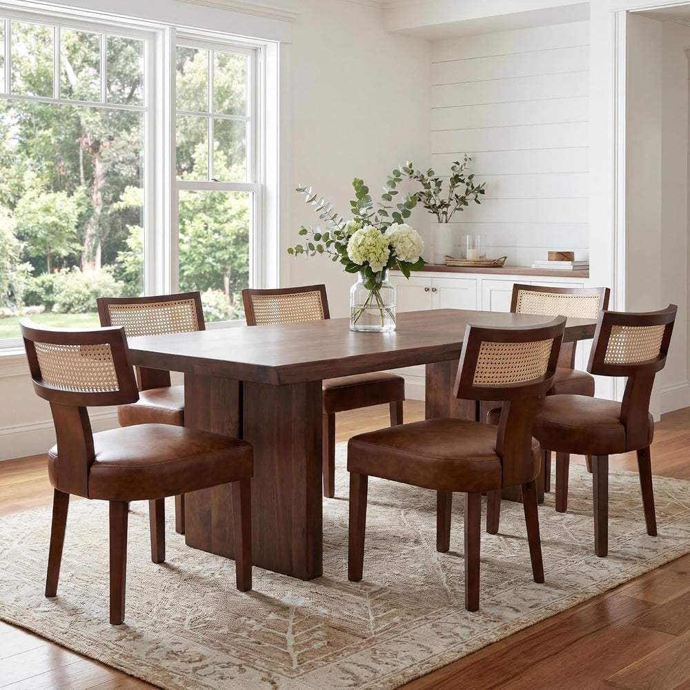 VESCASA Mid Century Modern Rattan Dining Chairs Set of 6, Upholstered Leather...