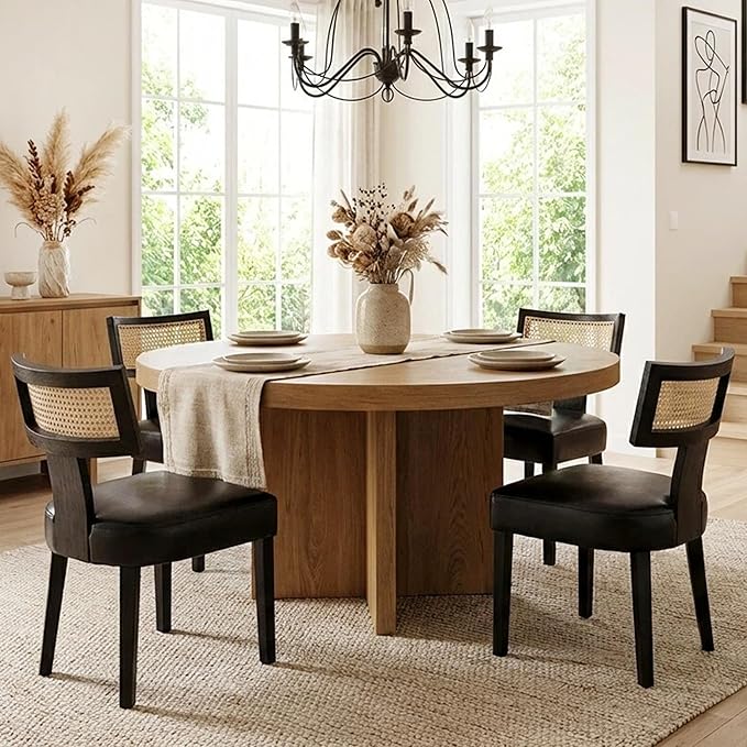 HNY Mid Century Modern Rattan Dining Chairs Set of 4, Farmhouse PU Leather Upholstered Accent Chair Curved Backrest Kitchen Chairs, with Black Hardwood Frame, Black