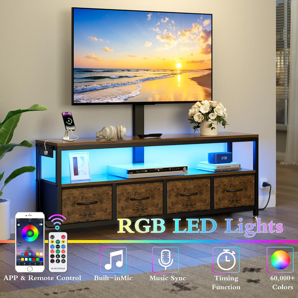 JUSTOGO TV Stand with Mount & Power Outlet for 32-70 Inch TVs, Rustic Brown | TV Console with Drawers & Led Lights, AC Outlets & USB Ports, For Living Room, Bedroom, Height Adjustable, Swivel TV Cabinet