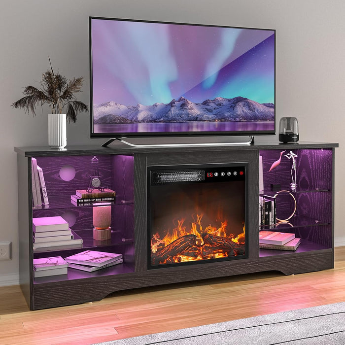 TAVATA Fireplace TV Stand with 18" Fireplace, Modern Entertainment Center for TVs up to 65 inch, Media TV Console for Living Room with Led Lights, Adjustable Glass Shelves and Storage Cabinets (Black)