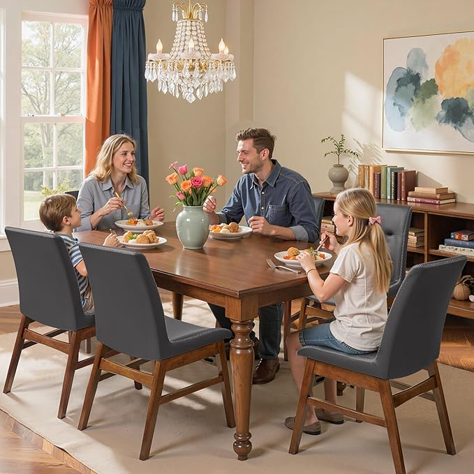 SyMax Dining Chairs Set of 4, Faux Leather Dining Room Chairs with Stitched Edge Trim, Modern High-End Kitchen Side Chairs for Bedroom, Living Room, Ash Gray